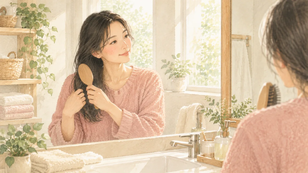 洗面所の鏡の前で髪をやさしくとかす女性のイラスト