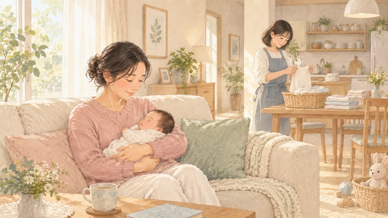 ソファで赤ちゃんを抱く女性と、奥で洗濯物をたたむヘルパーのイラスト