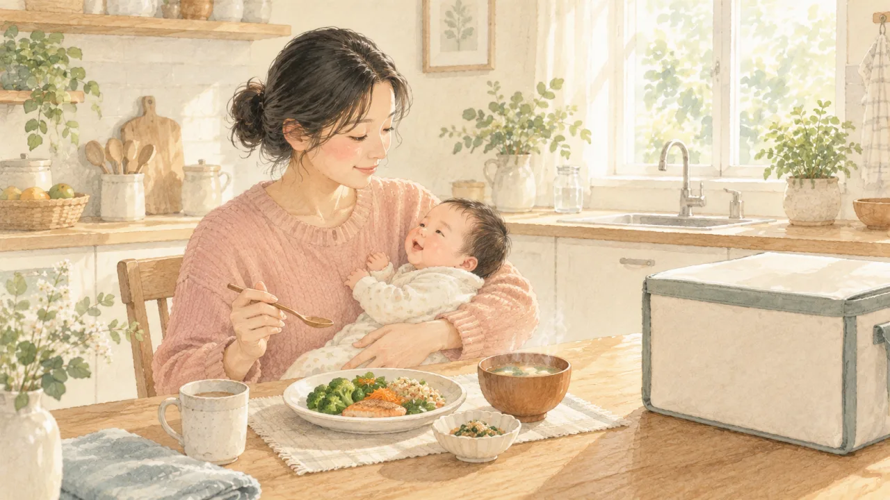 明るいキッチンで赤ちゃんを抱きながら届いた食事を食べる女性のイラスト