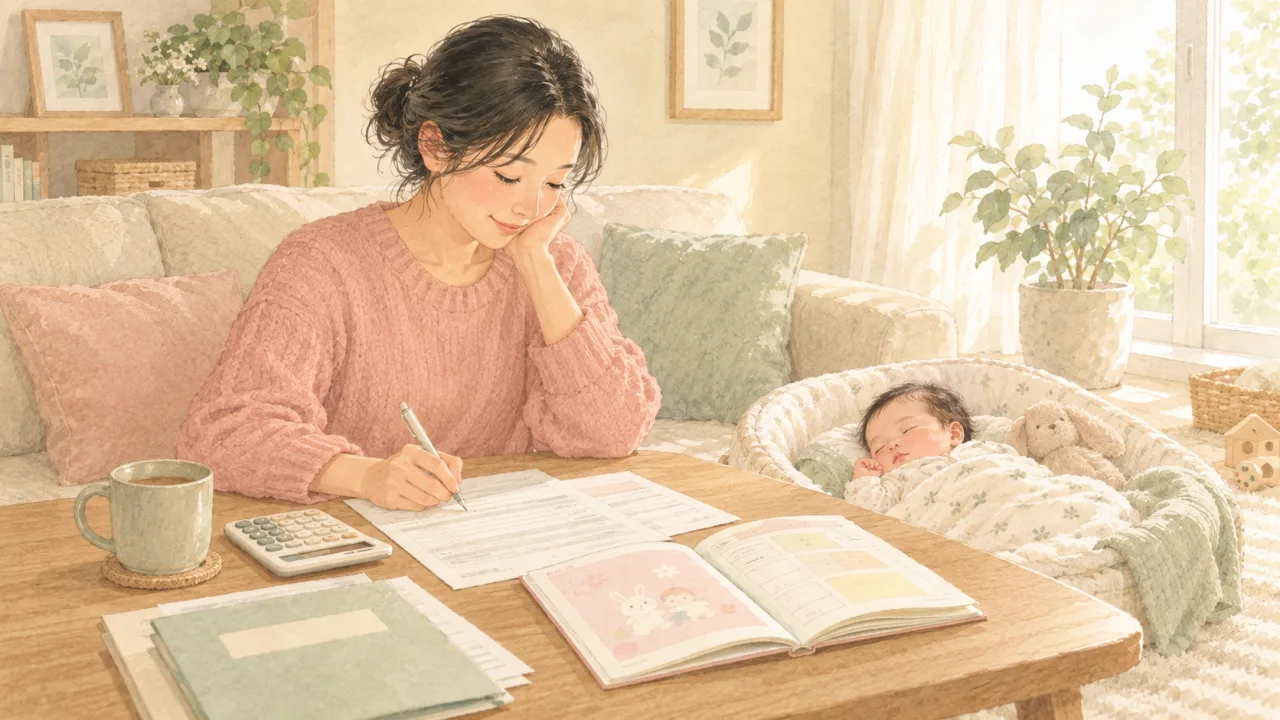 リビングで赤ちゃんを寝かせながら母子手帳と申請書類を書く女性のイラスト