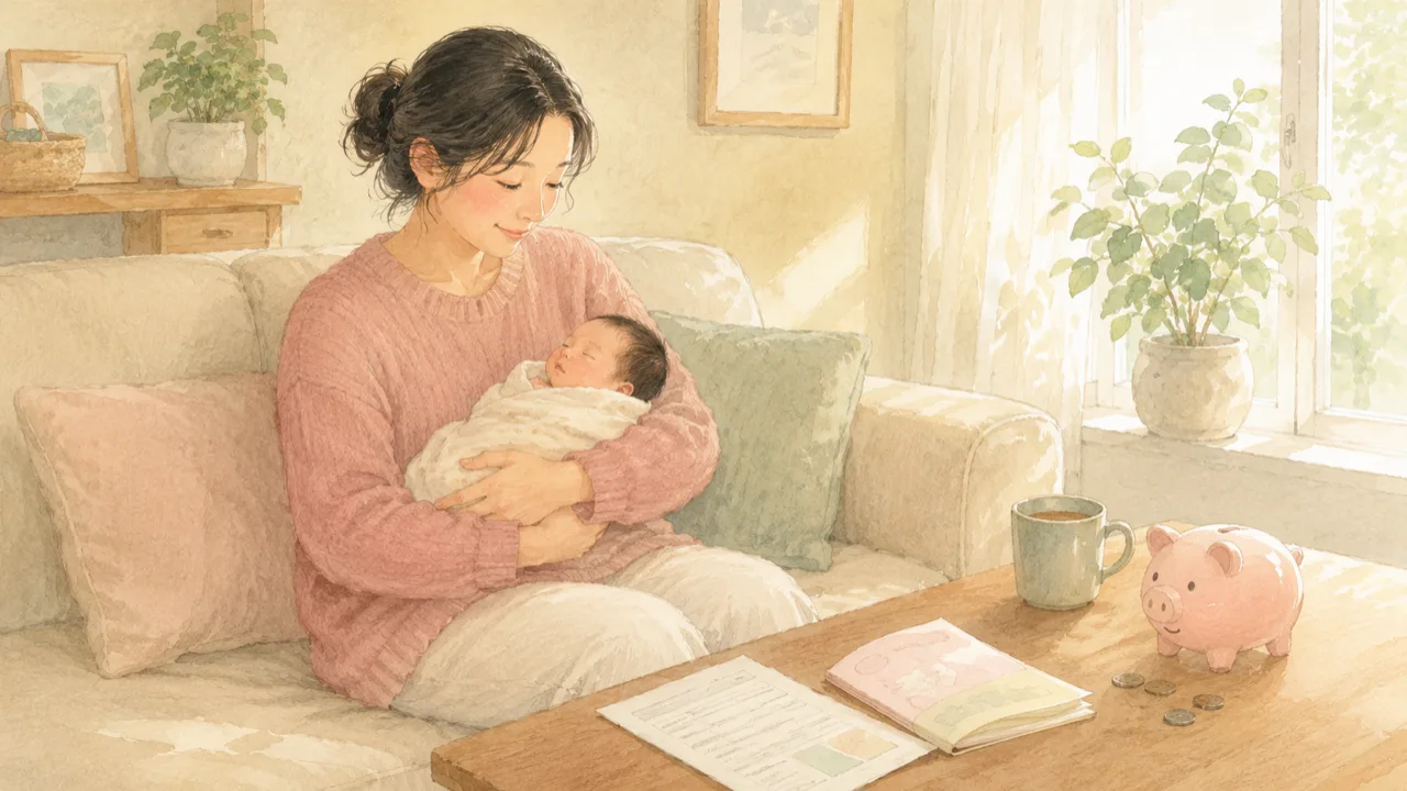 赤ちゃんを抱いてほほえむ母親と、テーブルの上の区の案内・母子手帳・貯金箱のイラスト
