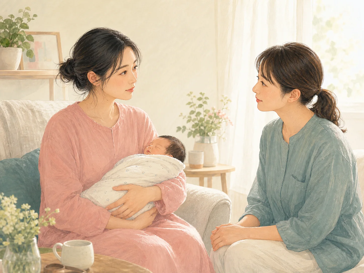 赤ちゃんを抱く母親に産後ケアの専門家が寄り添うイラスト